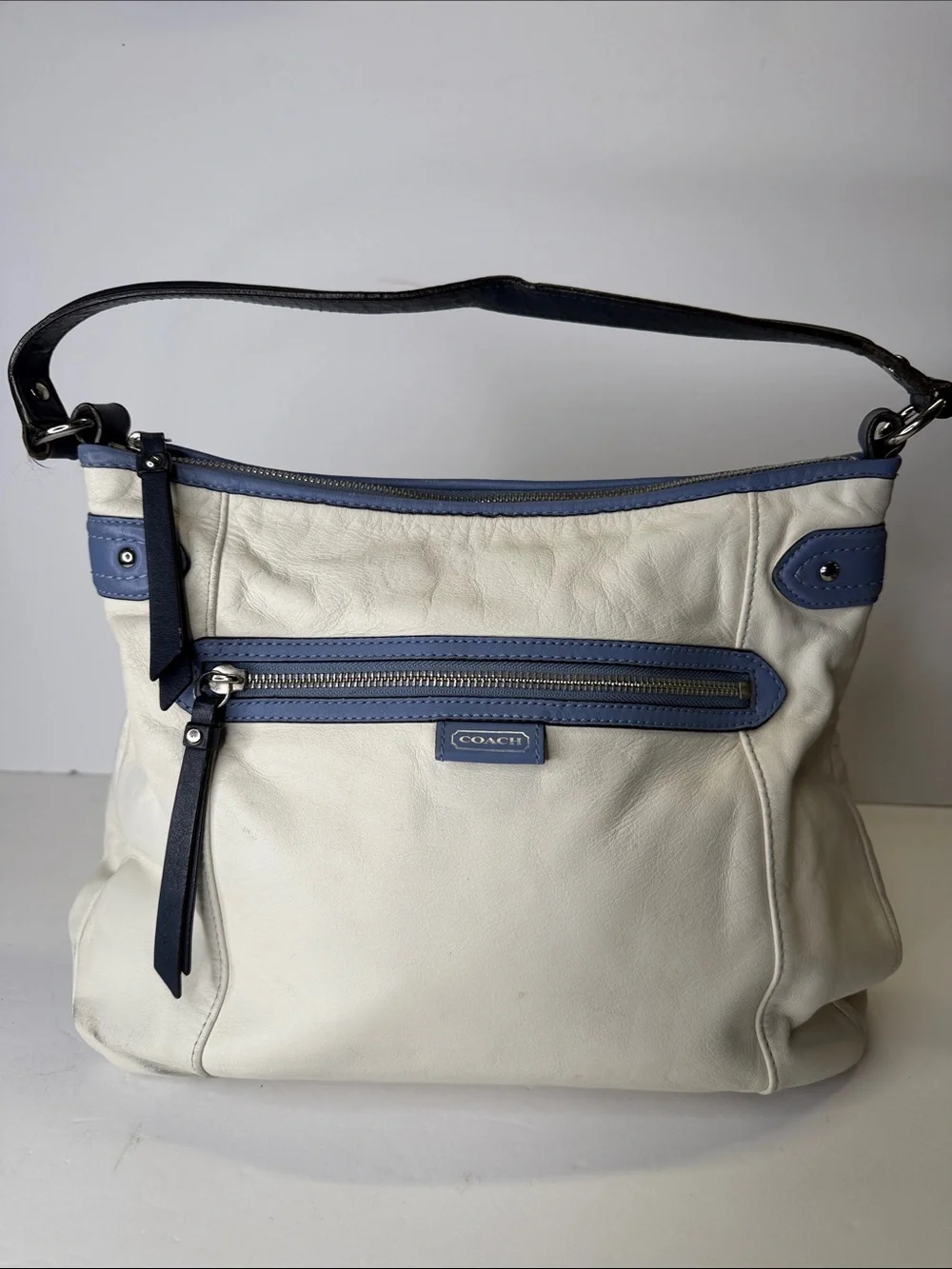 Coach Cream Leather Shoulder Bag with Blue Trim